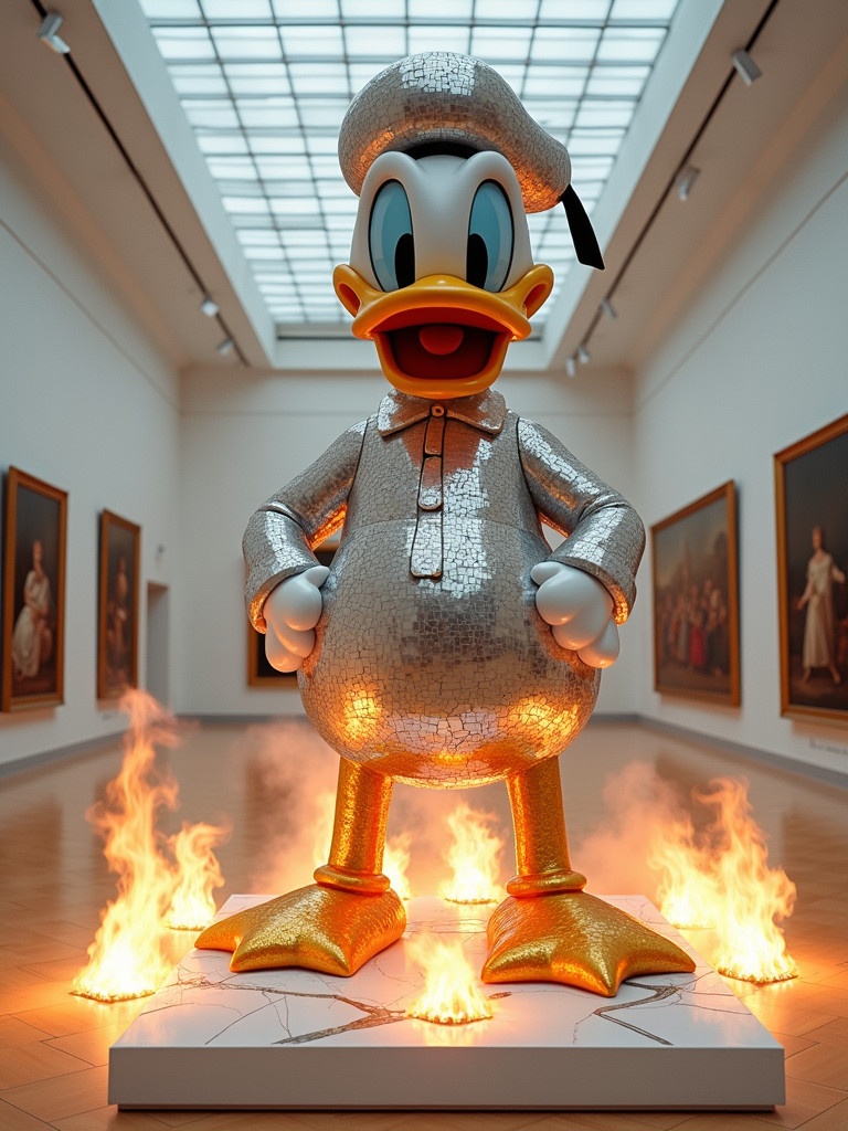 Cinematic depiction of a KAWS-styled giant Donald Duck sculpture made from shattered mirrors. Sculpture stands tall in a white minimalist museum gallery. Surrounded by fiery flames with smoke rising. Classical paintings hang on the walls. Bold negative space and dreamy focus enhance the scene.