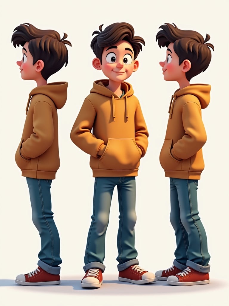 A cartoon-style teenage boy stands wearing an orange hoodie and blue jeans. He is shown in different poses: front view and side views. Each pose demonstrates a relaxed and casual demeanor.