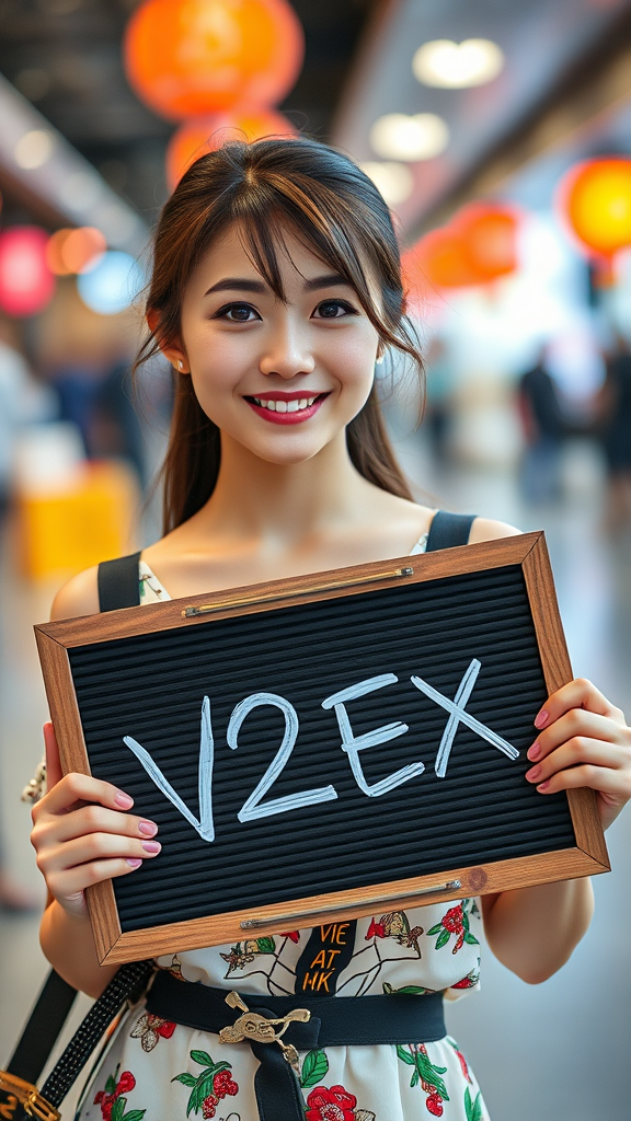 A woman smiles as she holds up a sign with 'V2EX' in a vibrant, bustling indoor setting.