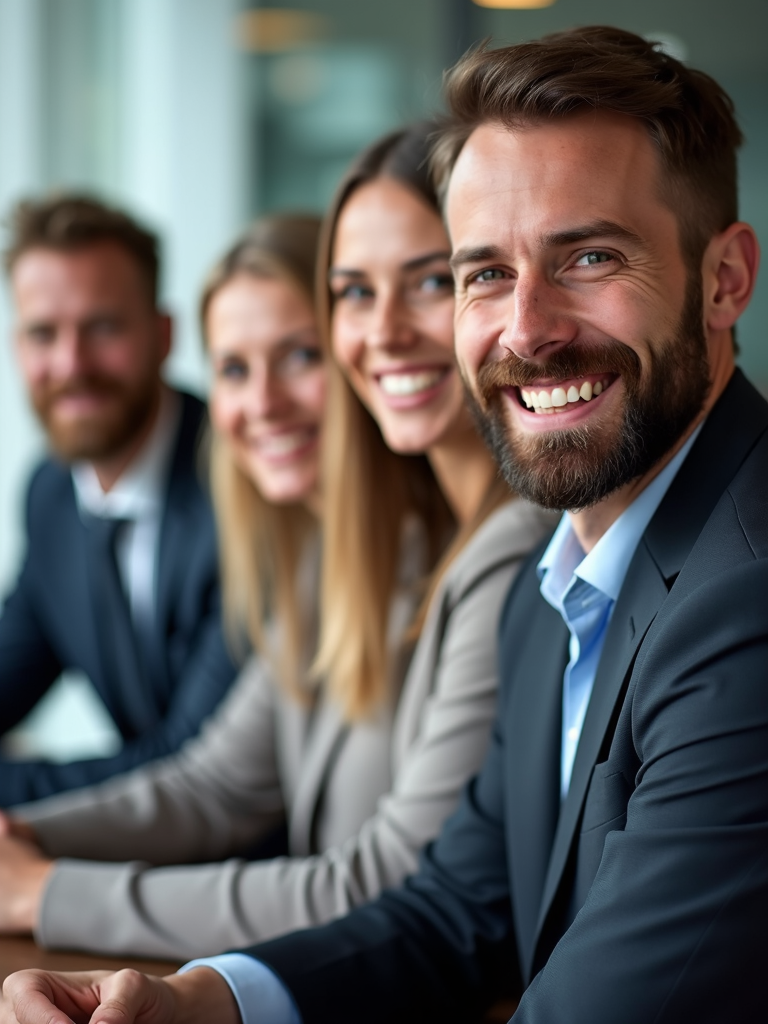 A group of four people in business attire, sitting in a row, smiling brightly in a modern office environment.