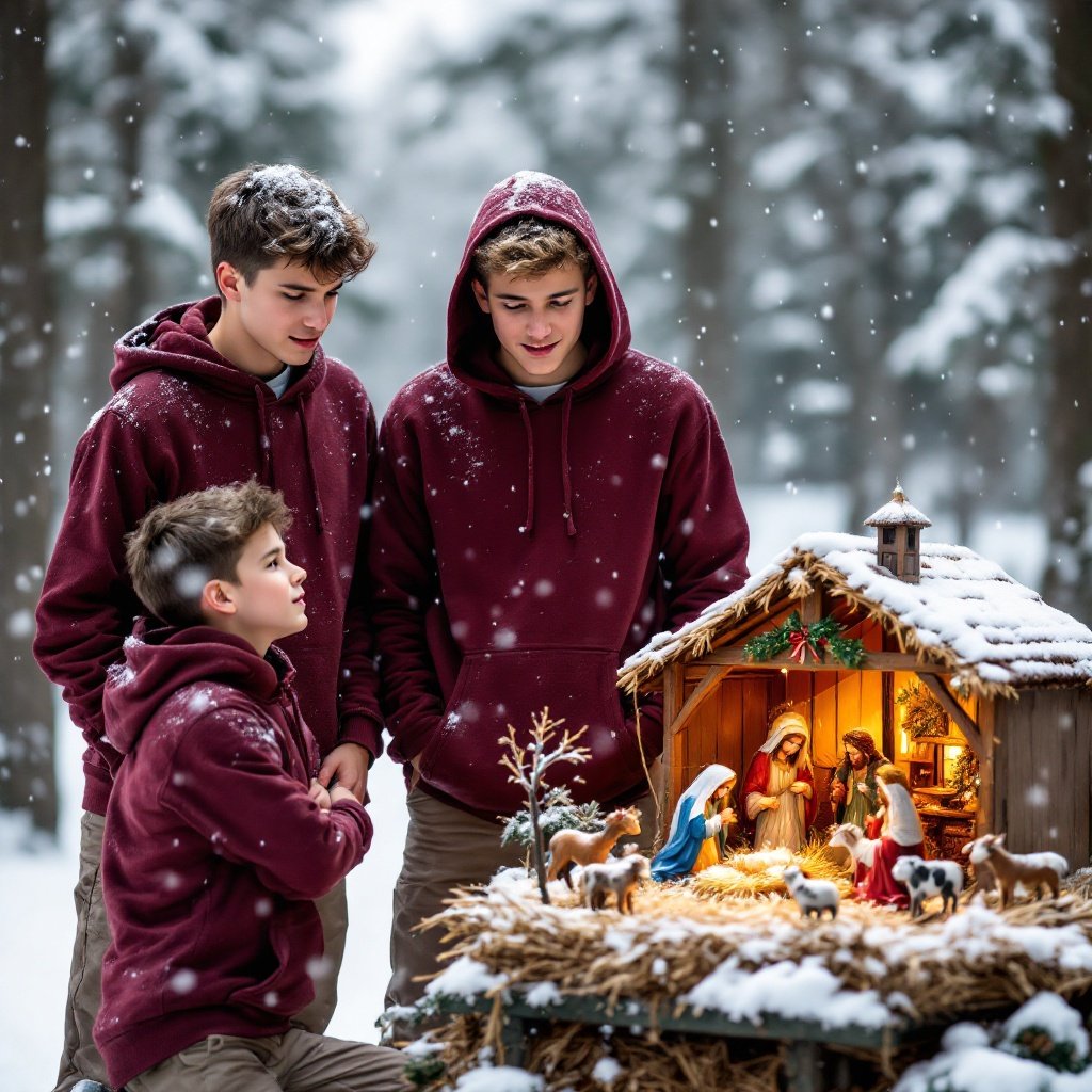 Three athletic boys in maroon hoodies stand and kneel by a Christmas manger scene. Forest background with falling snow. Boys display curiosity and joy. Manger surrounded by hay and animals.