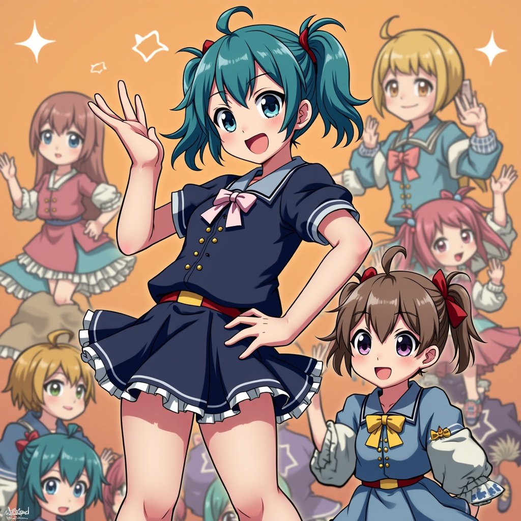 Anime characters in a playful pose. Colorful outfits with skirts. Vibrant background with cartoon style. Multiple characters smiling.