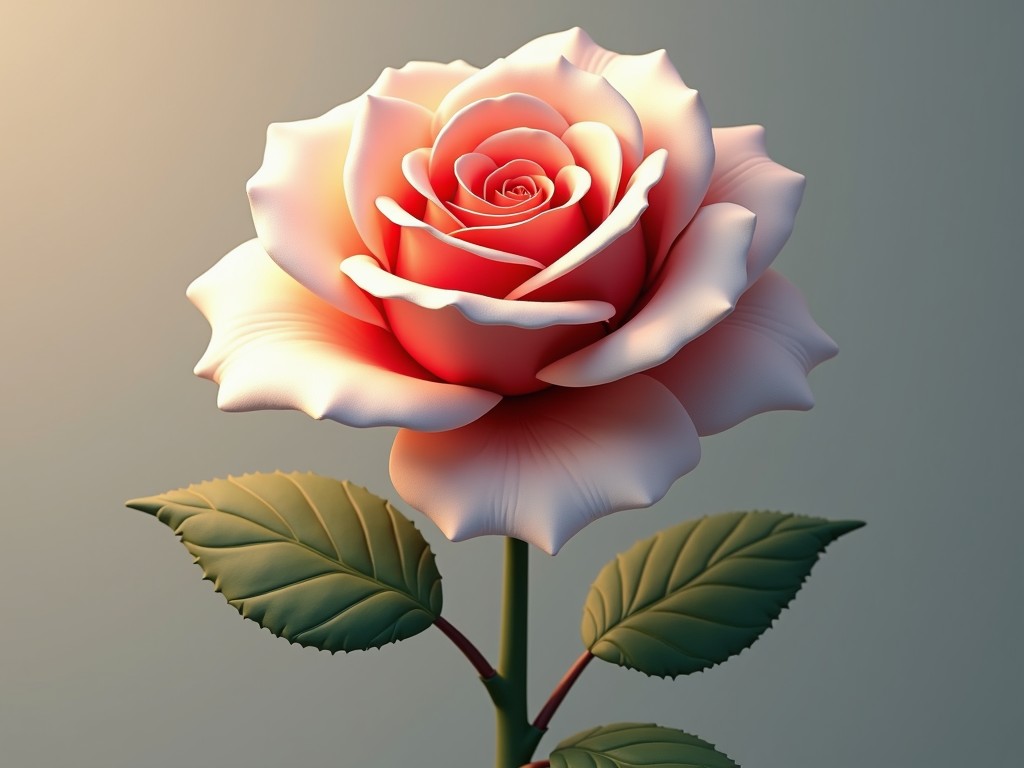 This image showcases a beautifully detailed digital illustration of a rose in bloom. The petals exhibit a smooth gradient of pinks and whites, creating a soft and delicate appearance. The lighting emphasizes the gentle folding of each petal, adding a touch of realism against the subdued background. The leaves are depicted with subtle veining and a serene shade of green, complementing the rose's elegance.