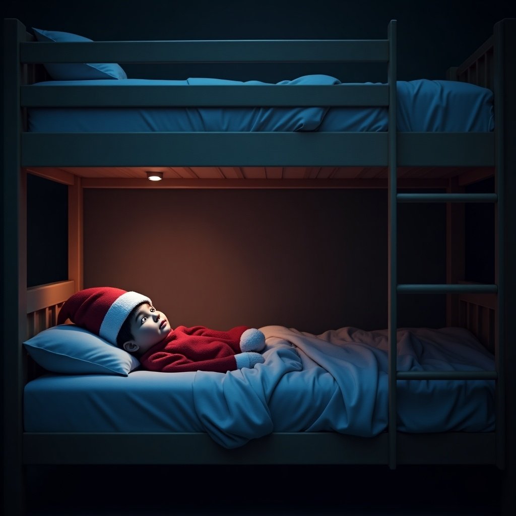 Elf watches child sleep in bunk bed with infrared light. Cozy and festive atmosphere for a holiday theme. Focus on warmth and comfort.