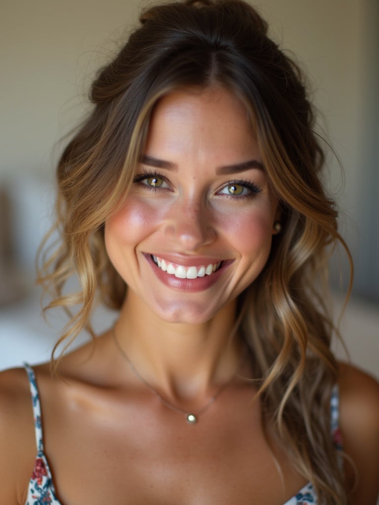 Captivating portrait showcasing a woman in a floral dress. Soft natural lighting enhances the features. Warm tones create a serene atmosphere. Focus on beauty and elegance.