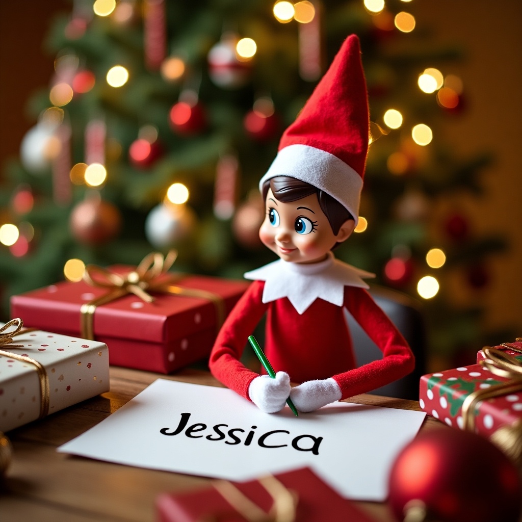 This image features the popular Elf on the Shelf character sitting at a festive table. The elf, dressed in bright red and white, is seen writing the name 'Jessica' on a piece of paper. Behind the elf, a beautifully decorated Christmas tree glows with colorful lights and ornaments. The table is adorned with presents and holiday decorations, creating a warm, inviting atmosphere. This scene captures the essence of holiday magic and personalized touches during Christmas celebrations.