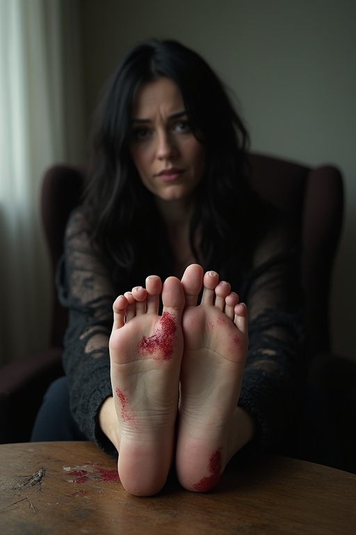 Image shows a mature goth woman with black long hair. She has wounds on her soles of her feet. The woman sits on a chair with her feet on the table. She expresses worry through her body language.