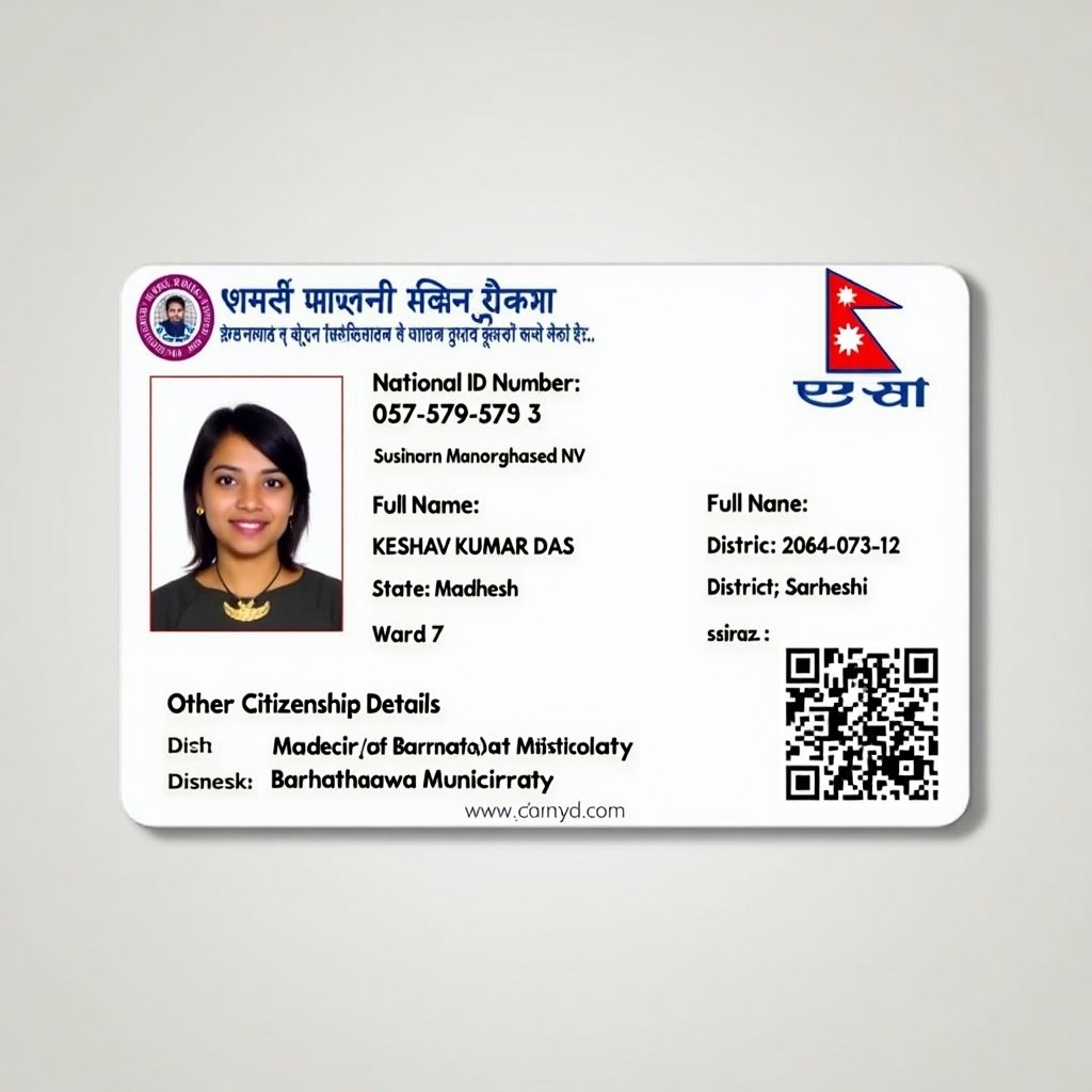 ID card from Nepal displays identification information clearly. Includes QR code for verification. Professional and suitable for use in official settings.