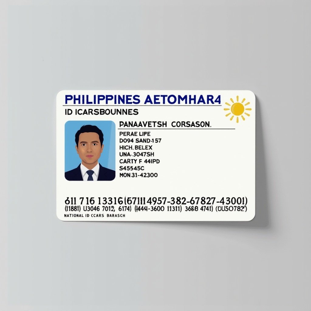 ID card design for the Philippines. Features identification details including a name. Includes government and personal elements. Bright colors and clear typography.