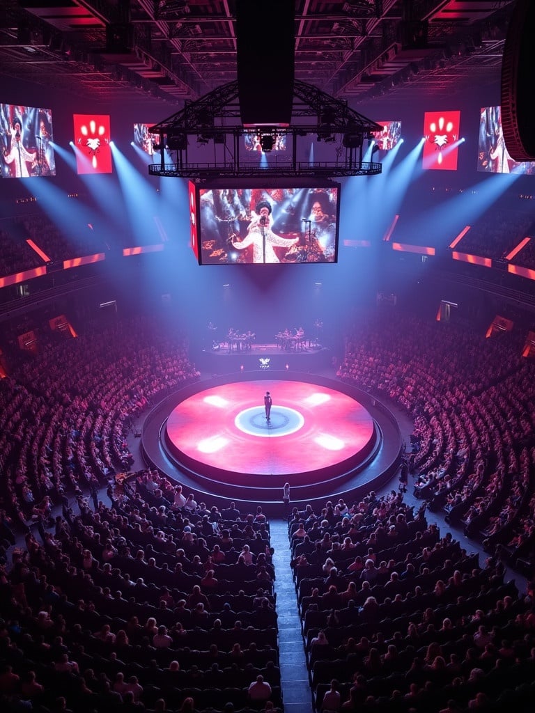 Travis Scott performs at Madison Square Garden. The concert features a 360-degree stage setup. The stage has a T-shaped catwalk. Aerial view shows the audience and vibrant lighting. Large screens display visuals of the performance.