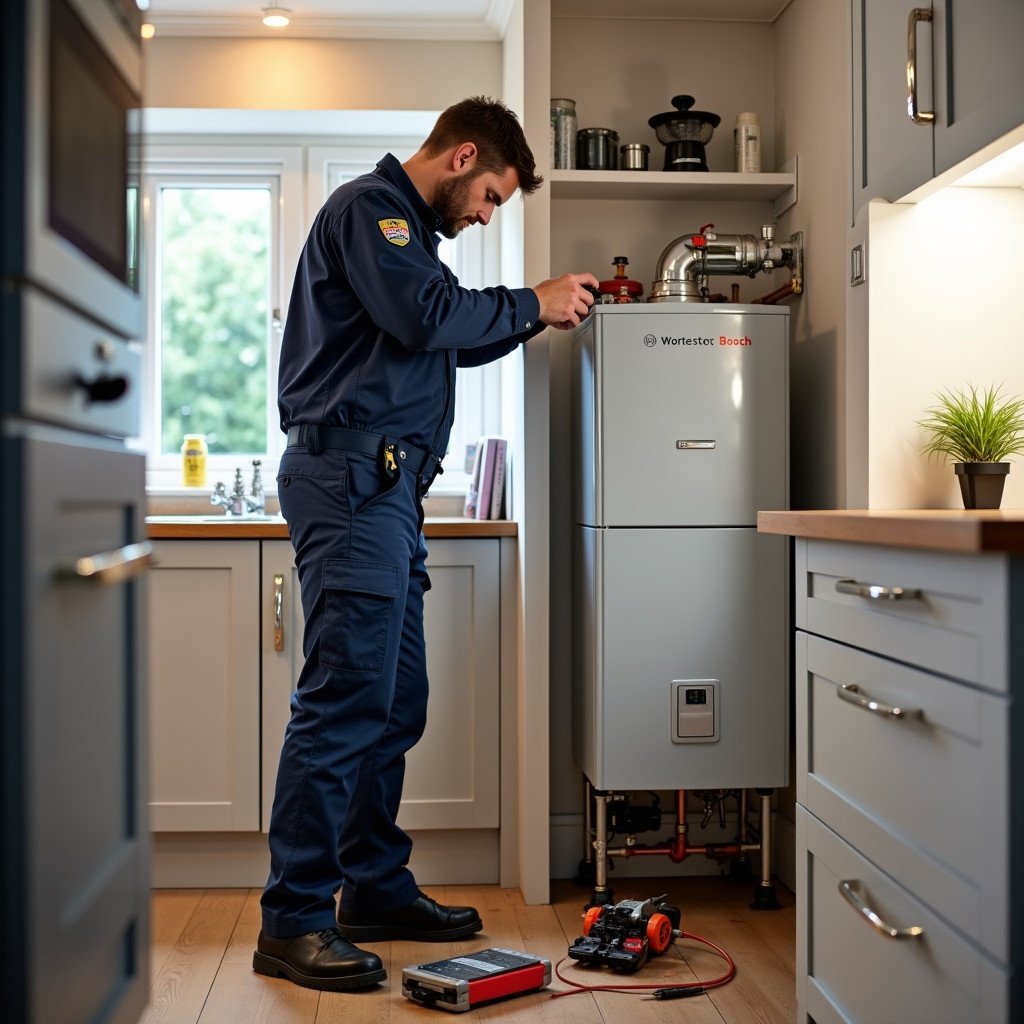 Image depicts a gas engineer working on installing a Worcester Bosch boiler in a kitchen setting. The engineer is focused on the task with tools spread out on the floor. The kitchen has a warm decor with natural light illuminating the space.