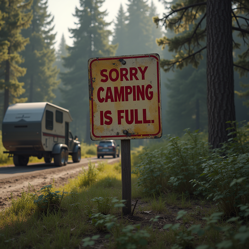 A sign indicating the campsite is full stands beside a forest road with cars and a camper passing by.