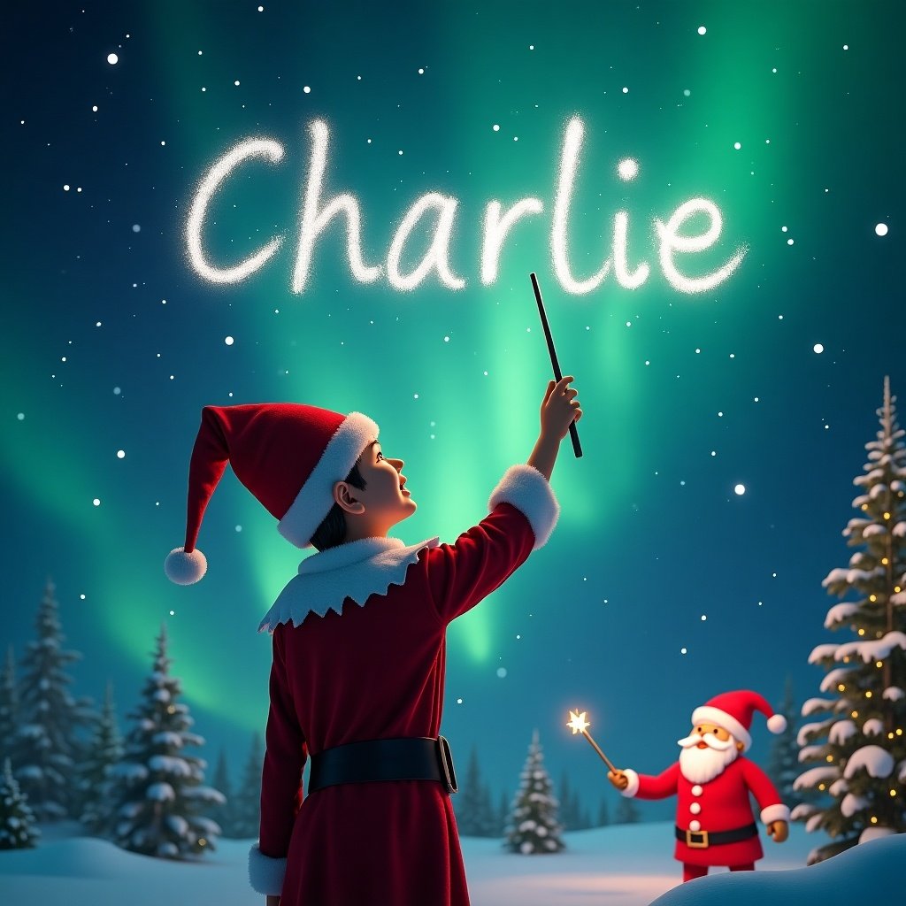 Elf facing upwards in a winter landscape. Writing 'Charlie' in the air with a wand. Background shows northern lights and Santa Claus.