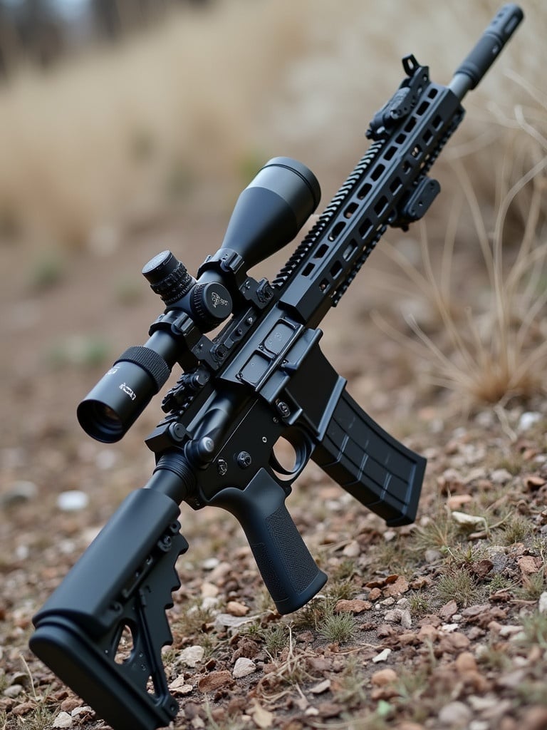 Detailed image of a Daniel Defense DD5 V5 rifle positioned on the ground. The rifle features a Magpul PRS Gen 3 stock and a Diamondback Tactical 6-24x50 scope. The rifle is designed for tactical use and displays a flat trigger mechanism.