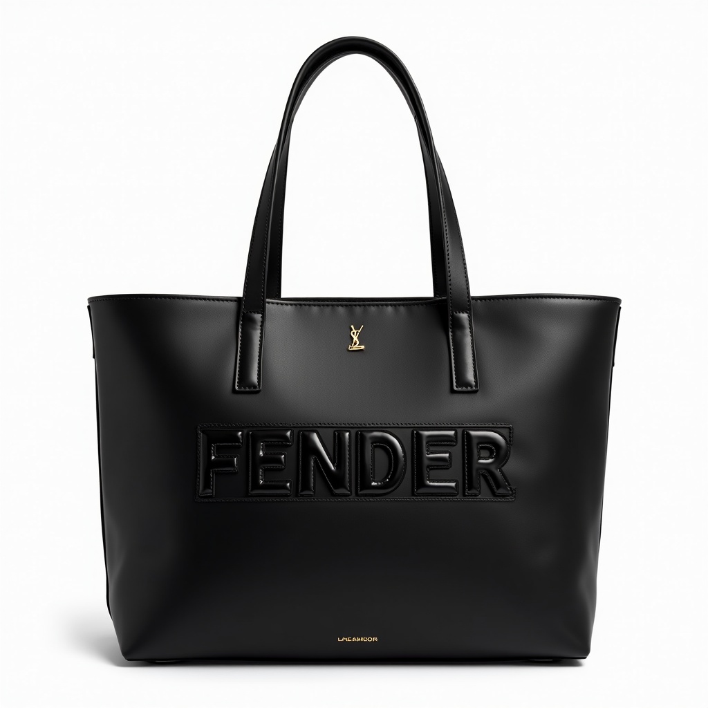 This image features a stunning oversized black handbag that exemplifies haute couture fashion. The handbag is made from high-quality materials and showcases an embossed FENDER brand logo prominently on the front. It has sleek, sturdy handles and an elegant design. Set against a clean white background, the bag stands out perfectly. This accessory is ideal for fashion-forward individuals looking to make a statement.