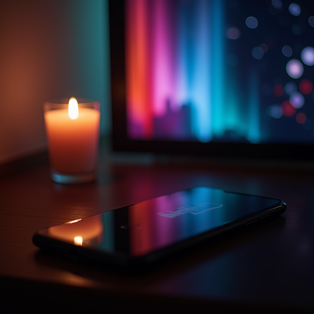 A glowing candle and a vibrant screen light up a phone on a wooden surface.