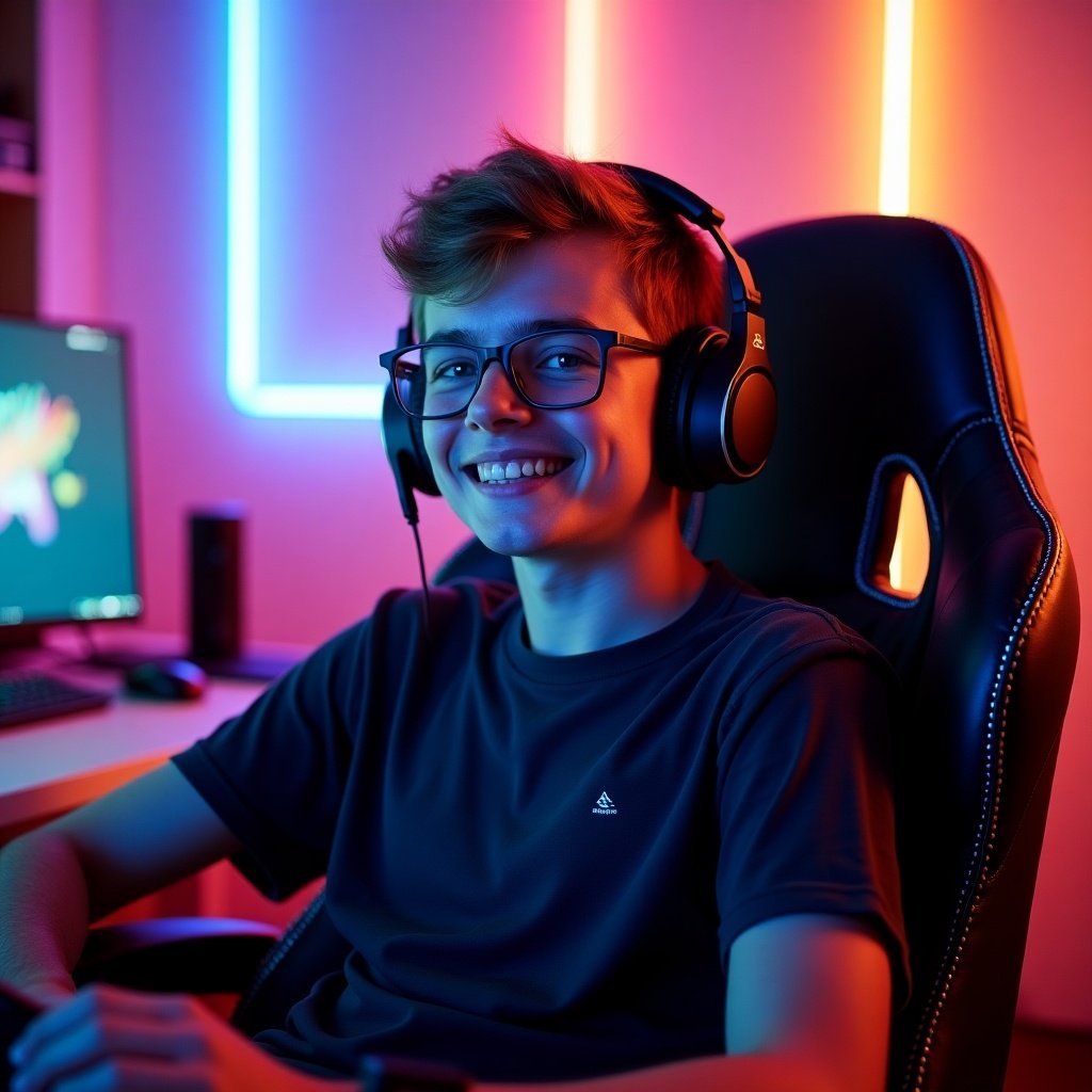 A young gamer sits confidently in a gaming chair. He wears a headset. A big smile indicates enjoyment. The background features colorful neon lights. The scene captures modern gaming culture and community.