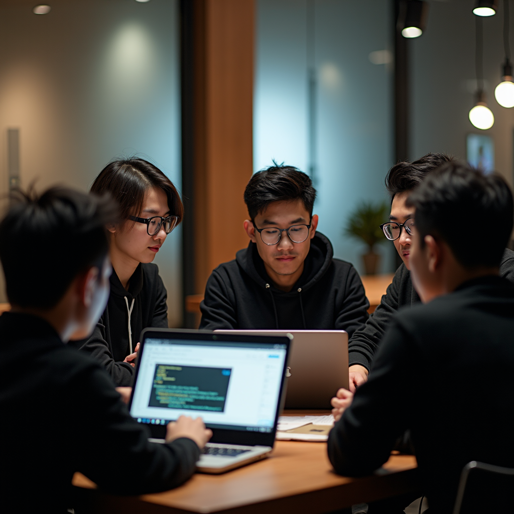 A group of young people focused on laptops, engaging in a coding project together.