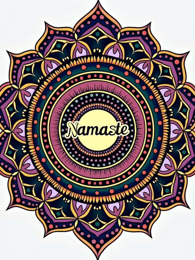 Colorful mandala style design features the word Namaste at the center surrounded by intricate patterns. The design consists of black gold and purple colors with complex shapes and details.