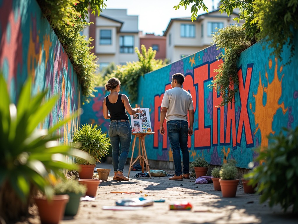 The image depicts two artists working collaboratively in a vibrant alley adorned with colorful murals. The alley features a large orange wall with the word 'ART' prominently displayed. Various plants and artistic materials are scattered around, emphasizing the creative atmosphere. The sun casts a warm glow on the scene, highlighting the artists as they engage with their project. This setting showcases the beauty of urban creativity and community collaboration.