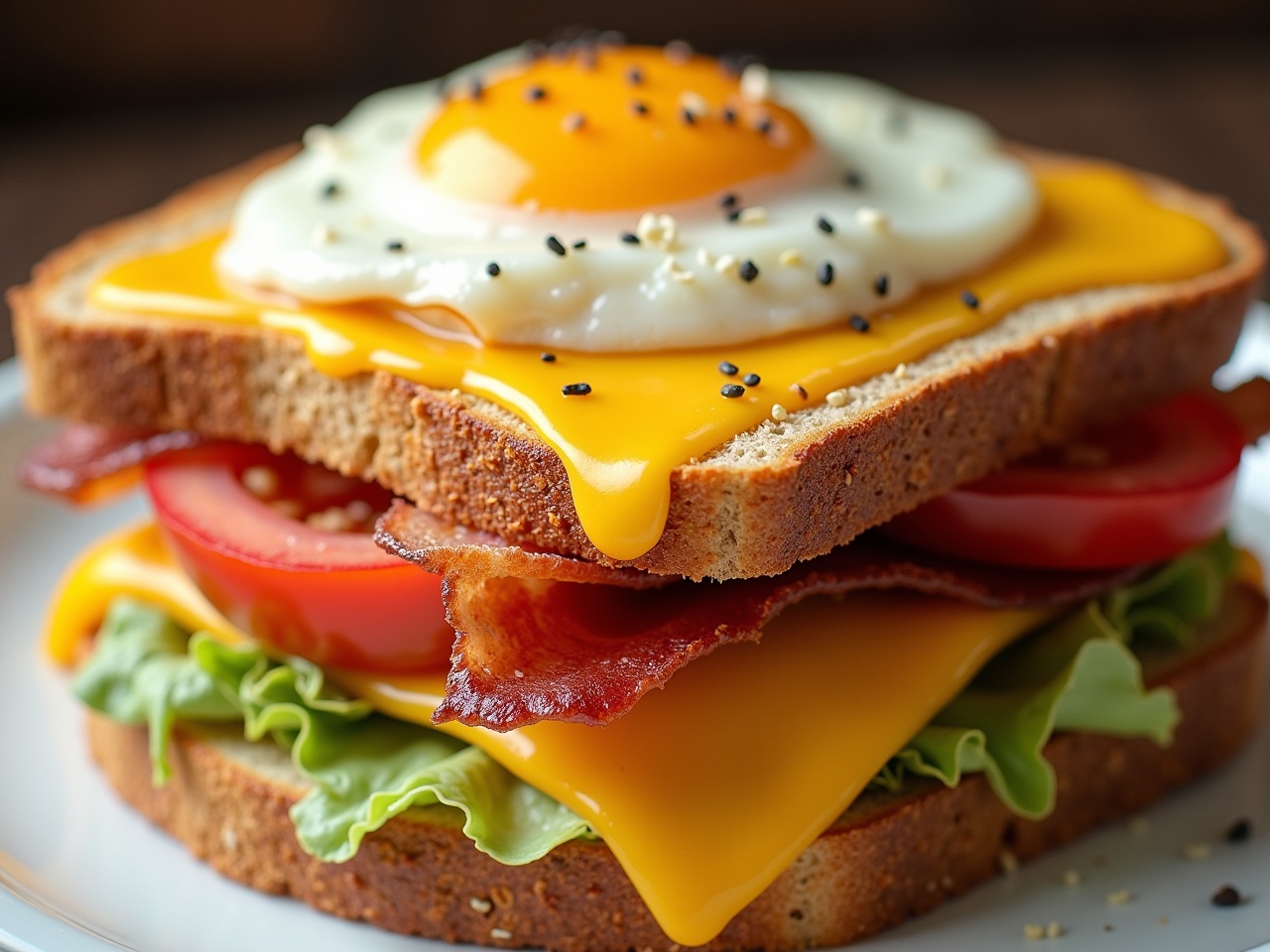 This image features a delicious toast sandwich layered with crispy bacon, melt-in-your-mouth cheese, fresh slices of tomato, and crunchy iceberg lettuce. At the top, there’s a perfectly fried egg, showcasing a golden yolk and a slightly crispy edge. The sandwich is presented on a white plate, inviting and appetizing. The combination of colors makes it visually appealing, with rich yellows from the cheese and egg contrasting with the red of the tomatoes and the green of the lettuce. This scrumptious breakfast item captures the essence of comfort food, perfect for a hearty meal to start the day.