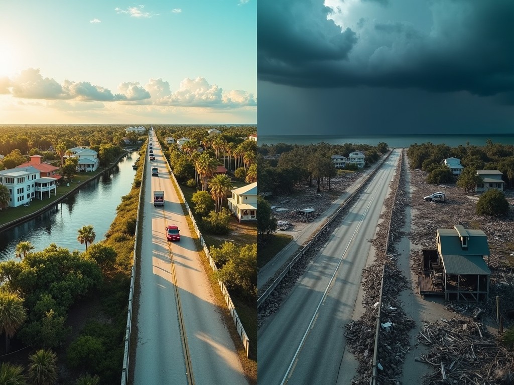 The image shows two contrasting scenes captured from above. On the left side, a beautiful, sunny road lined with palm trees and houses reflects a peaceful environment. Cars are seen traveling along the smooth road, indicating normalcy in everyday life. In stark contrast, the right side depicts the same road after a devastating event, surrounded by debris and darkness. The foreboding clouds loom overhead, emphasizing the change in mood and impact of nature. This dual portrayal highlights the fragility of human-made environments against natural disasters.