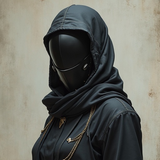 A female Dullahan figure is depicted in a black hooded cloak. The face is concealed by a mask. Chains and decorations are attached to the clothing. The figure stands against a textured beige background, creating a sense of intrigue. Shadow and soft light enhance the mystery of the character.