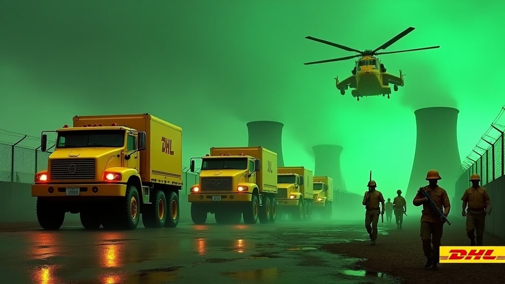 In a dramatic scene, several large yellow armored cars with guns drive up to a fence. The sides of the armored cars show the DHL logo. Nearby, several soldiers wearing yellow uniforms and holding rifles are seen marching together in unison. One soldier is holding a flag with the DHL logo. In the background, we can see the prominent smokestacks of a nuclear power plant, glowing green. The sky is awash with an evil green glow, and a large yellow Chinook CH-47 cargo helicopter flies above, adding to the intensity of the scene. At the bottom, we see the DHL logo, displayed in bold, yellow text.