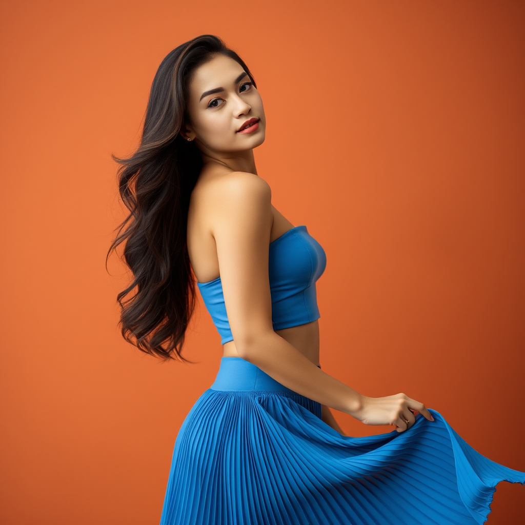 A person with long dark hair wearing a blue strapless top and flowing skirt poses gracefully against an orange background.