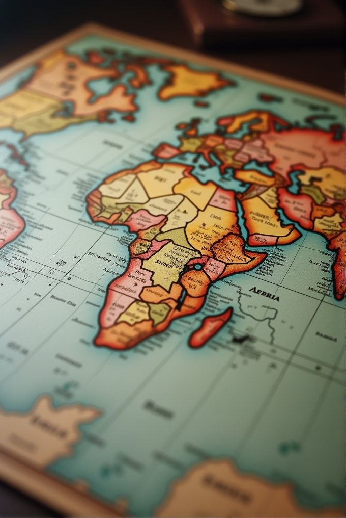 A vividly colored map showing various continents and countries with distinct boundaries.