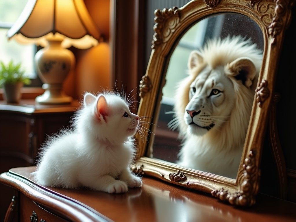 A playful scene in a cozy room featuring a white kitten looking at a majestic lion's reflection in an ornate mirror.