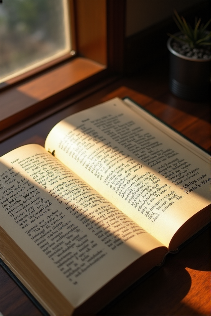 An open book sits by the window with sunlight casting shadows on its pages.