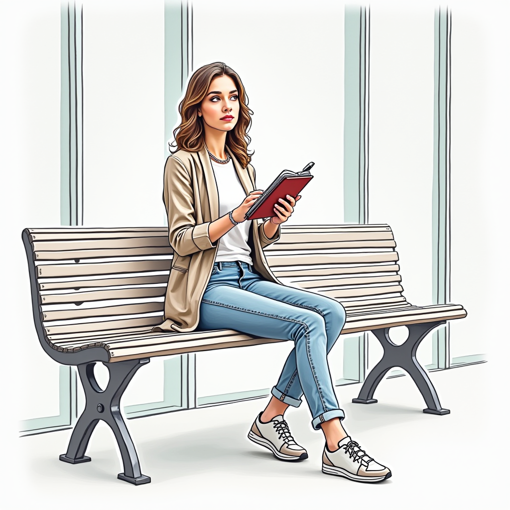 A fashionable woman sits on a wooden bench, reading a red book in a bright, minimalist setting.