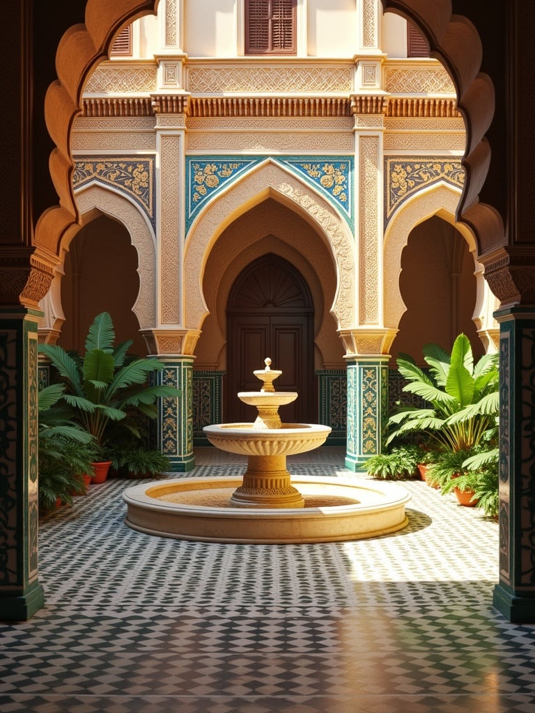 Intricate Moroccan palace courtyard with traditional Islamic architecture. Elegant arches and vibrant mosaic tiles are present. Symmetrical geometric patterns easily visible. Warm golden sunlight flows through arched windows creating soft shadows. A large, detailed marble fountain is at the center. Surrounded by lush green plants. The atmosphere is tranquil with exquisite craftsmanship.