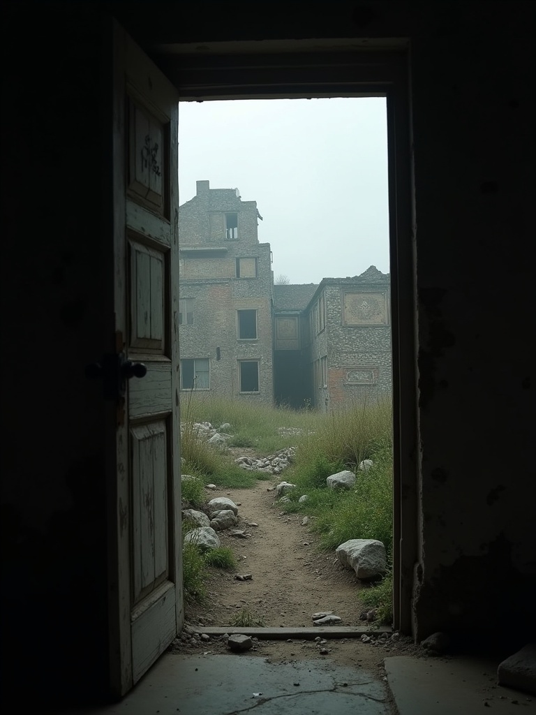 View from a dark room through an open doorway. Outside a scene shows deteriorating crumbling buildings with overgrown grass and rocks.