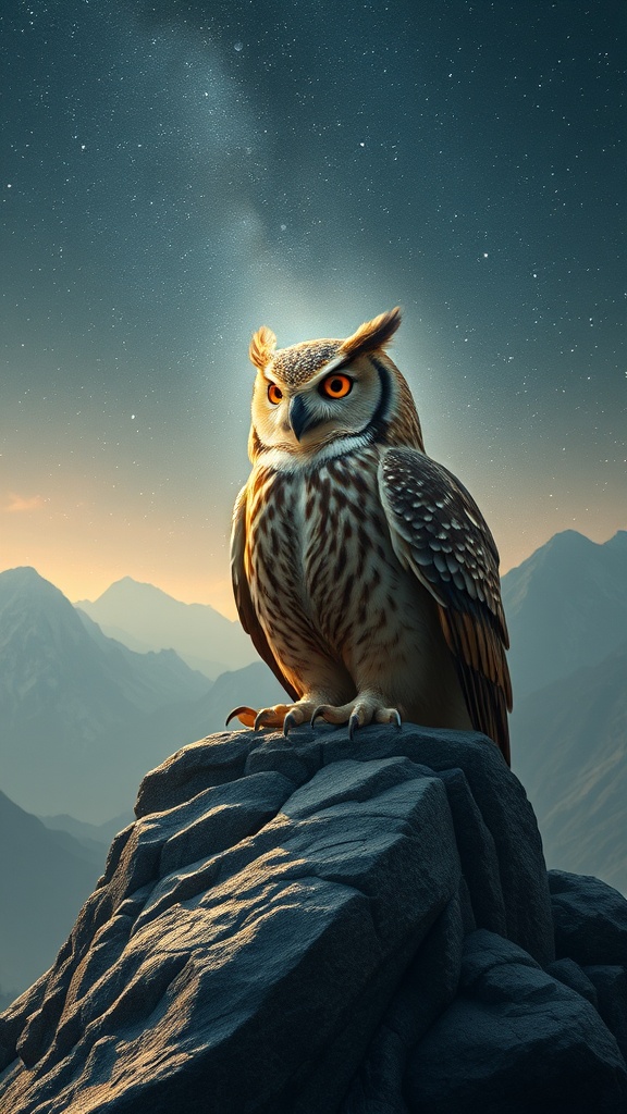 This striking image depicts an owl perched majestically on a rocky outcrop against a backdrop of mountains under a starlit sky. The owl's intense orange eyes are captivating and draw focus, with its feathers appearing detailed and lifelike. The lighting creates a serene yet mystical ambiance, accentuating the owl's powerful and watchful presence.