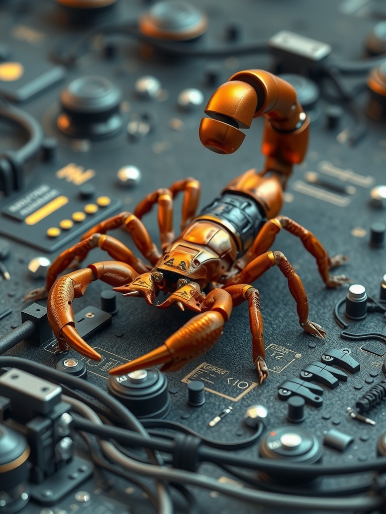 This striking image depicts a robotic scorpion amidst an array of electronic controls and circuitry. The intricate details of the scorpion's metallic body gleam under the soft, diffused lighting, giving it a futuristic and industrial appearance. The background consists of numerous buttons and wires, adding a complex, high-tech ambiance to the scene.