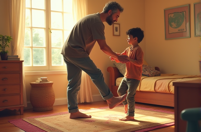 A father and son joyfully dance together in a warmly lit living room.