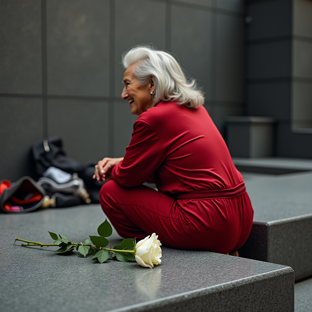 An elderly woman in a red outfit sits on a stone bench with a white rose beside her.