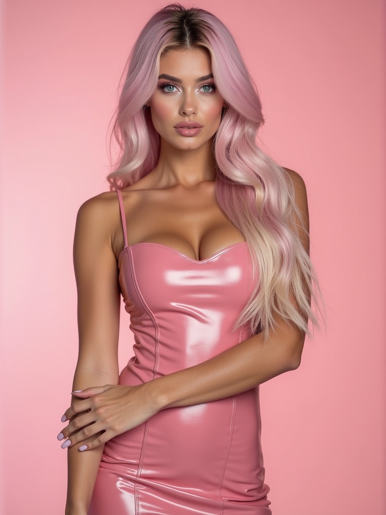 A young woman stands confidently in a stunning shiny pink leather dress. She has long silky hair dyed pastel pink with white highlights. Her makeup features soft pastel pink tones and glossy lips. The background is a simple pink hue that complements her outfit.