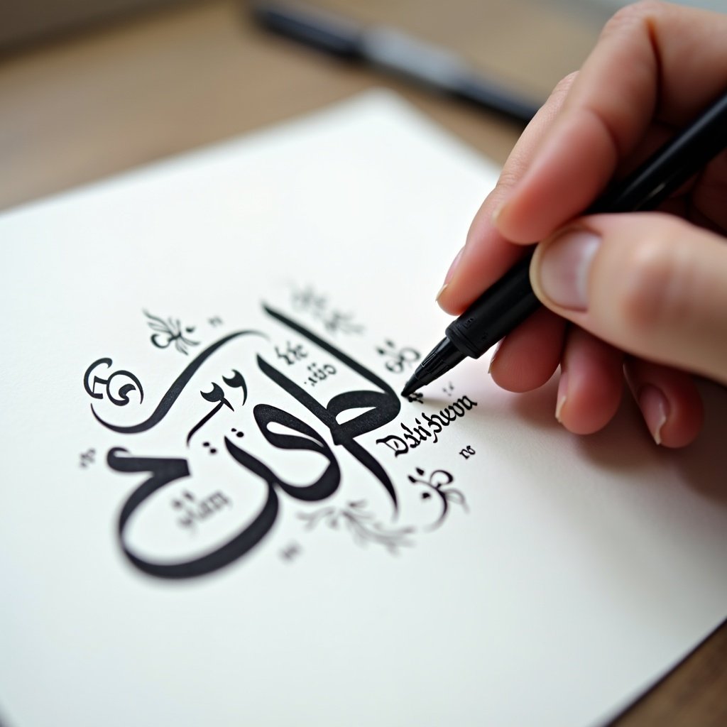 Close-up view of hand using pen for writing Arabic calligraphy bold black ink on white paper. Hand is steady focused on letters. Designs surround main calligraphy. Soft lighting enhances strokes.