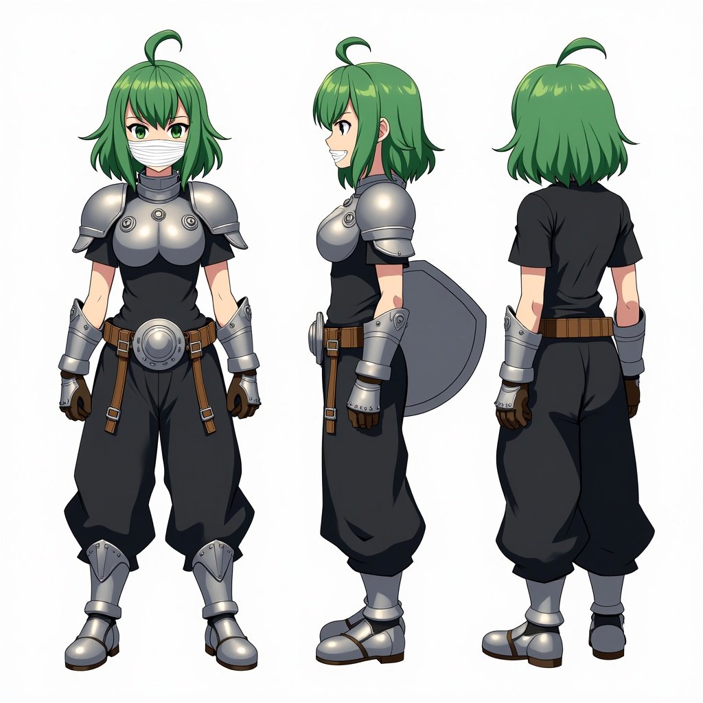 Anime mercenary character designed in three views. Green hair with curtain bangs. White bandaged face mask on the character. Metal shoulder pads and chestplate over the black shirt. Metal gauntlets and shin pads. Baggy black pants with a large belt and silver buckle. Silver shield attached to the belt.