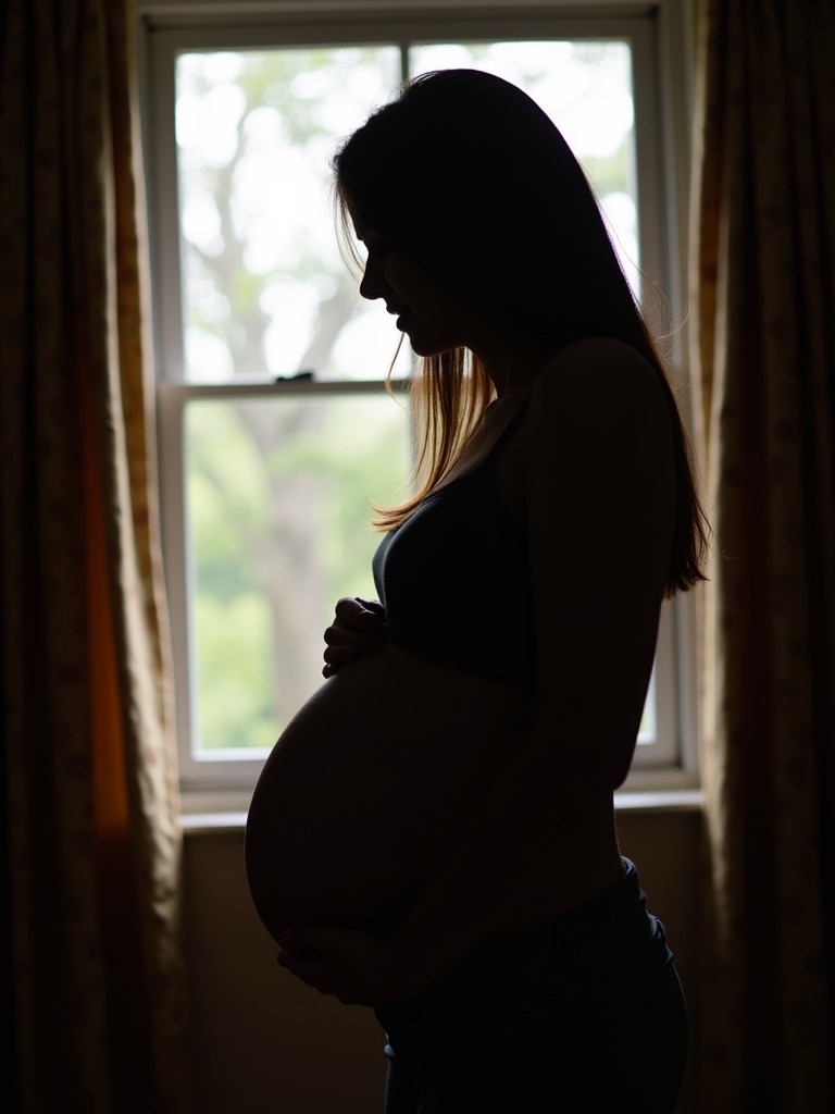 Silhouette of a pregnant woman standing near a window holding her belly