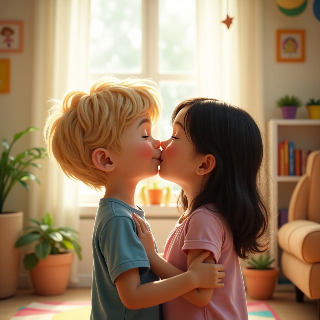 A blonde boy and a black girl share a sweet kiss in a bright and cheerful setting. The boy appears to be around 12 years old, while the girl is about 13. They stand in a warm, inviting room filled with plants and colorful decor. The sunlight filters through the windows, adding a magical touch to their innocent moment. This scene captures the essence of youthful affection against a backdrop of a cozy filming studio with vibrant colors and a playful atmosphere.