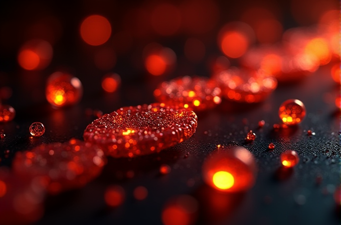 Red, glowing droplets rest on a dark surface, creating a captivating, luminous effect.