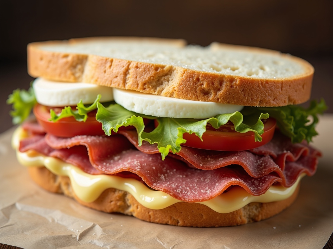 This image showcases a ciabatta sandwich filled with layers of cooked pastrami, fresh mozzarella cheese, ripe tomatoes, and crisp iceberg lettuce. A generous spread of mayonnaise adds richness to the sandwich. The sandwich is visibly hearty and appealing, highlighting the vibrant colors of the ingredients. It is presented on a piece of brown paper, giving a rustic feel. The soft ciabatta bread is perfectly sliced, revealing the delicious interior. This meal is ideal for lunch or a quick snack, and it looks very appetizing.