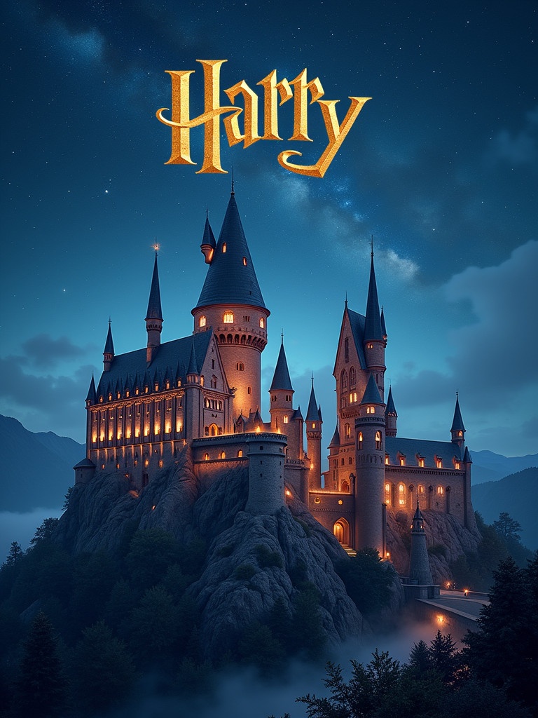 A magical castle with stars in the sky. Name Harry written in gold script. Castle has towers and lights. Scene is at night with blue sky.