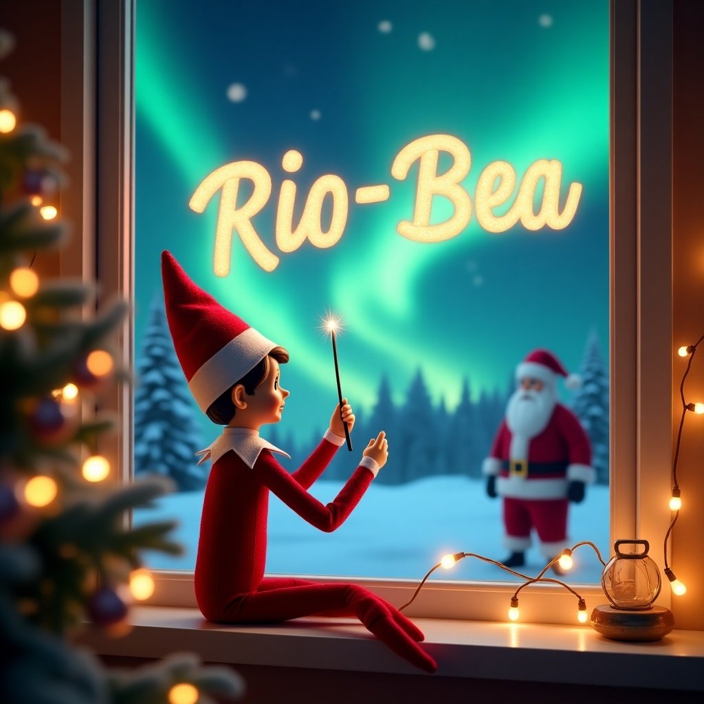 An Elf on the Shelf near a window observing northern lights, Elf wearing red and white outfit, holding a wand and creating glowing name 'Rio-Bea' above. Santa Claus is in the background. Scene decorated with Christmas lights and tree. Evokes wonder and joy of Christmas.