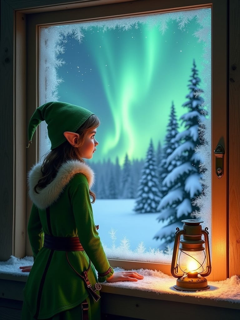 Image featuring an elf viewing northern lights through a window. Winter scene with snow-covered landscape visible. Elf wears a green costume and has pointed ears. A lantern beside her adds a warm illumination. Atmosphere feels magical and evokes the joy of Christmas.