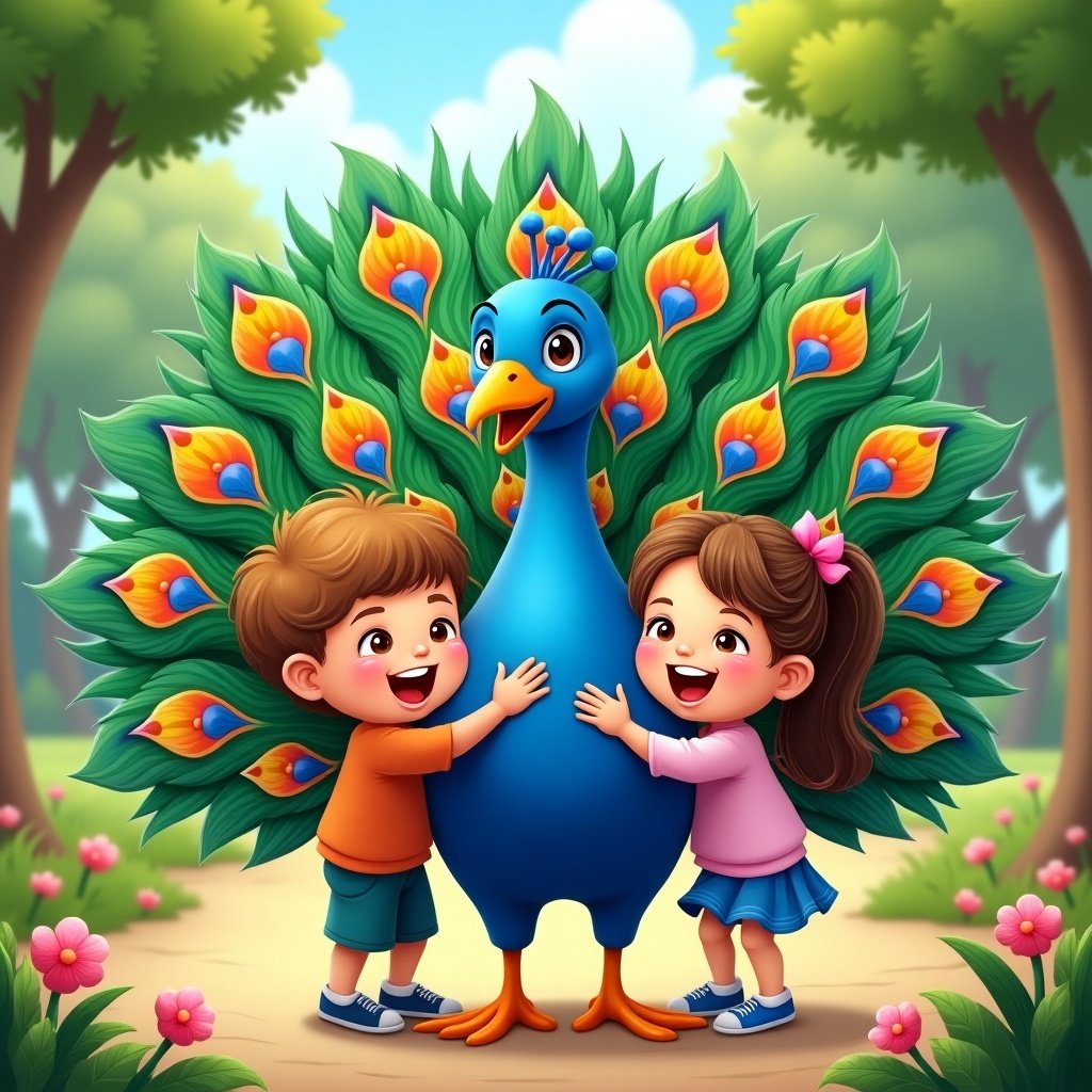 Illustration of a colorful peacock with children embracing. Children are smiling and joyful. The background has a sunny park atmosphere with flowers and leafy trees.